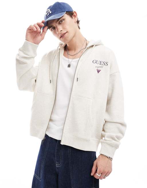 Guess Originals - Felpa con cappuccio unisex grigio mélange con logo e zip