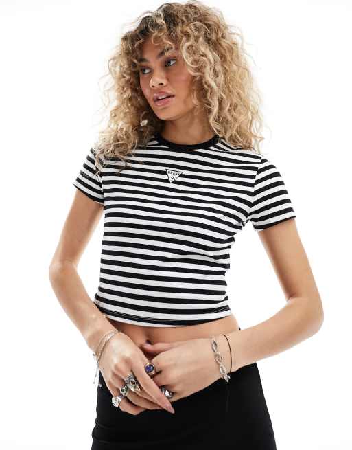 Guess Originals - Gestreept verkleind T-shirt in zwart en wit