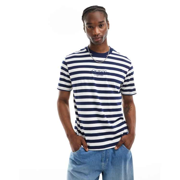 GUESS Originals Gestreiftes T Shirt in Marineblau und WeiB