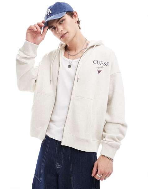 GUESS Originals - Grå-nistret unisex-hættetrøje med stablet logo og lynlås - view 1