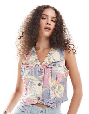 GUESS Originals - Jeansweste im Western-Style mit durchgehendem Cowboy-Print, Kombiteil-Bunt