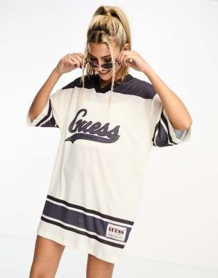 GUESS Originals jersey t-shirt dress in off white/navy | ASOS