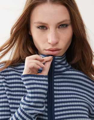 Guess Originals Knitted Zip Through Stripe Sweater In Blue