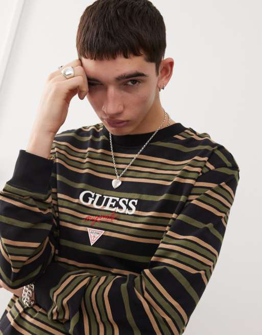 Guess Originals long sleeve t-shirt in black and green horizontal stripes