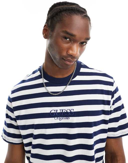Guess Originals Marinbla och vitrandig t shirt ASOS
