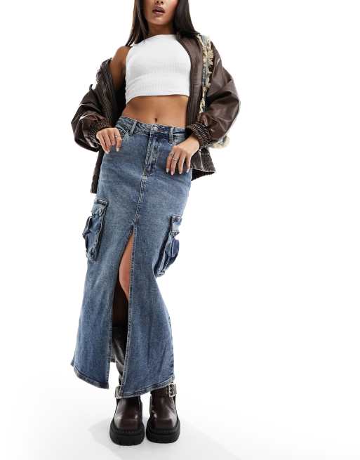 Guess Originals – Mellanblå, lång jeanskjol med hög slits