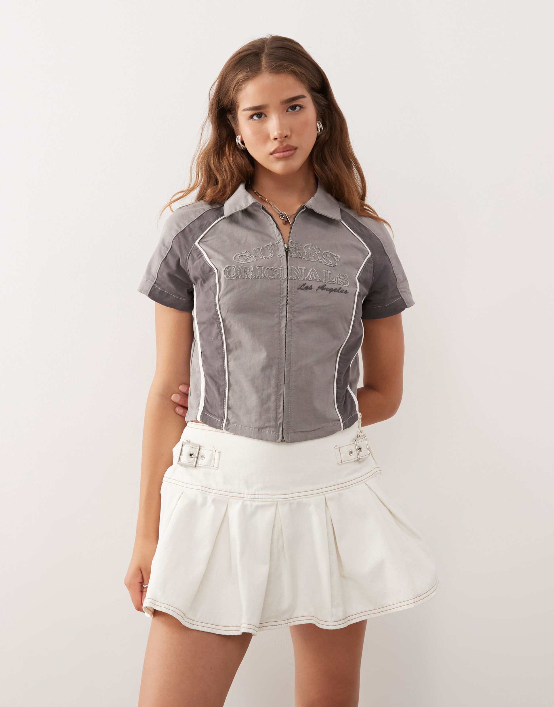 guess originals moto shirt in gray with logo embroidery