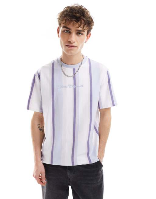 Guess Originals – Oversize-T-Shirt in Lila und Weiß mit Unisex-Schnitt und vertikalen Streifen