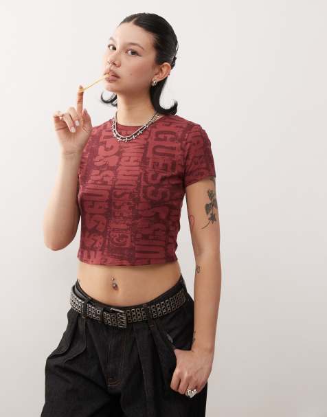 Guess Originals printed baby tee in burgundy - view 1