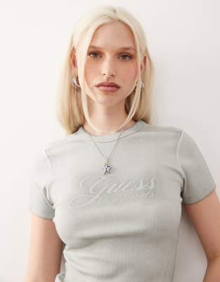 ribbed t-shirt in washed green with rhinestone logo embellishment