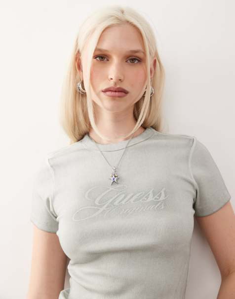 Guess Originals ribbed t-shirt in washed green with rhinestone logo embellishment - view 1