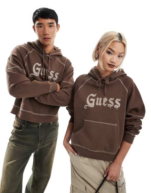 GUESS Originals - Sweat à capuche unisexe avec motif à clous contrastant - Marron
