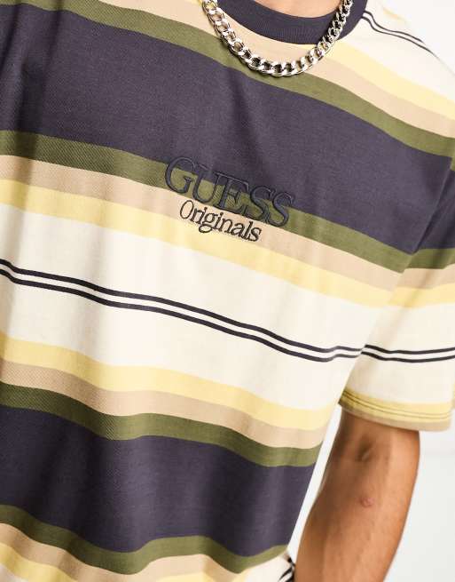 Guess Originals T shirt a righe multicolore con logo ASOS