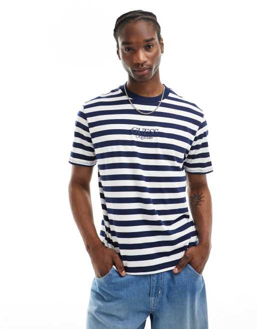 GUESS Originals - T-shirt med marineblå/hvide striber