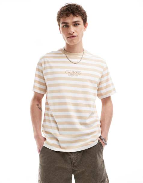 Guess Originals - T-shirt unisex a righe beige e bianca - view 1