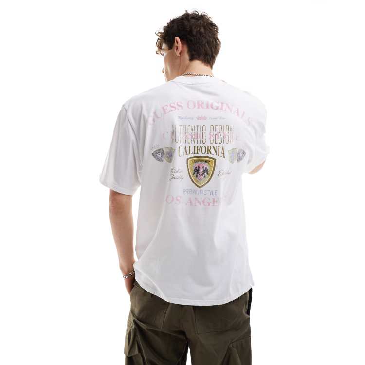 Guess Originals T shirt unisexe style universitaire avec imprime sur la poitrine et au dos Blanc ASOS