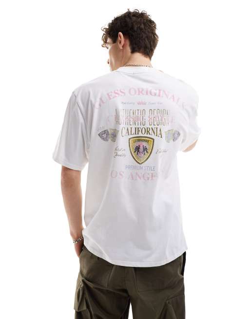 GUESS Originals - Uniseks letterman T-shirt in wit met print op de borst en achterkant