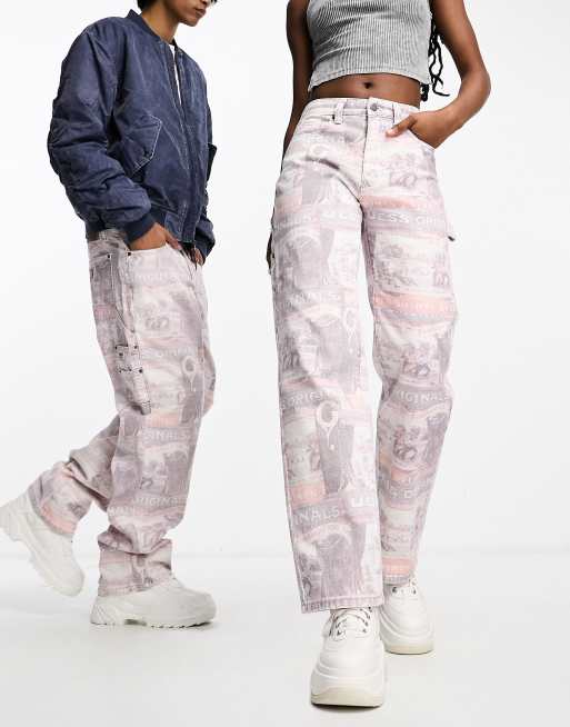 GUESS Originals – Unisex-Carpenter-Jeans in Beige mit Vintage-Ranch-Print
