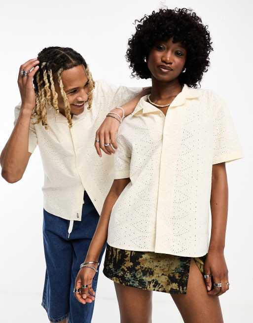 GUESS Originals unisex eyelet short sleeve shirt in off white | ASOS