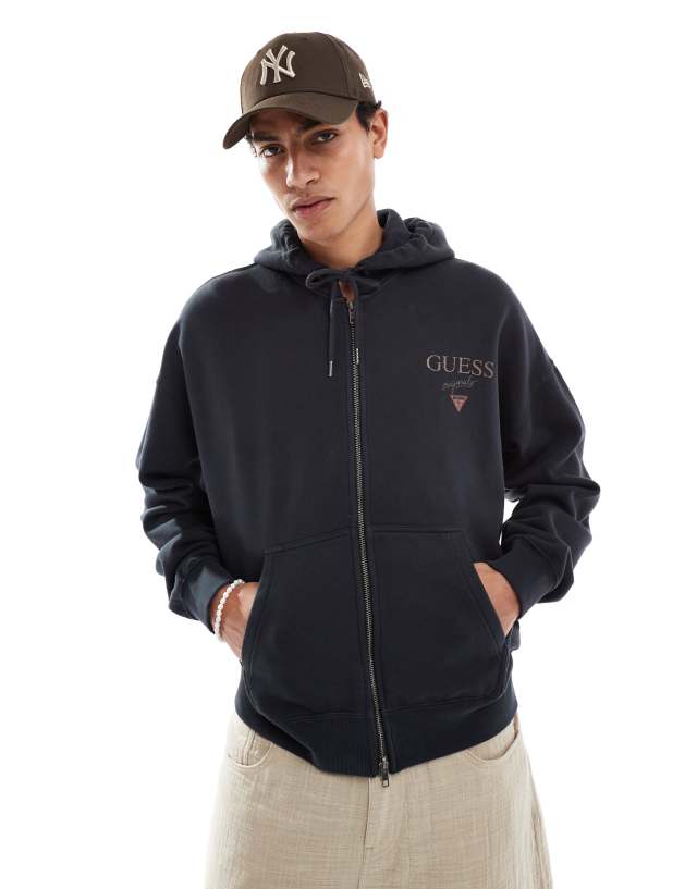 GUESS Originals - unisex stacked logo zip through hoodie in black