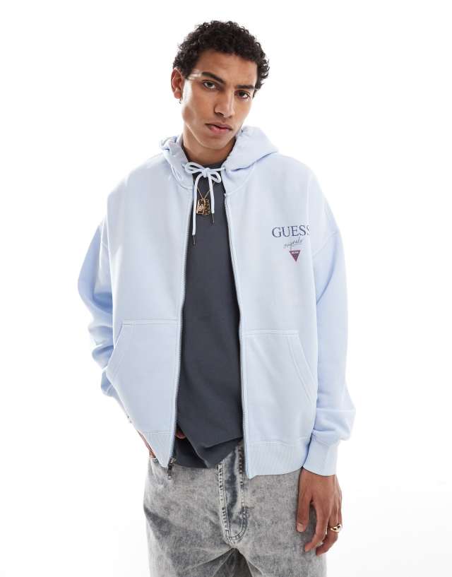 GUESS Originals - unisex stacked logo zip through hoodie in light blue