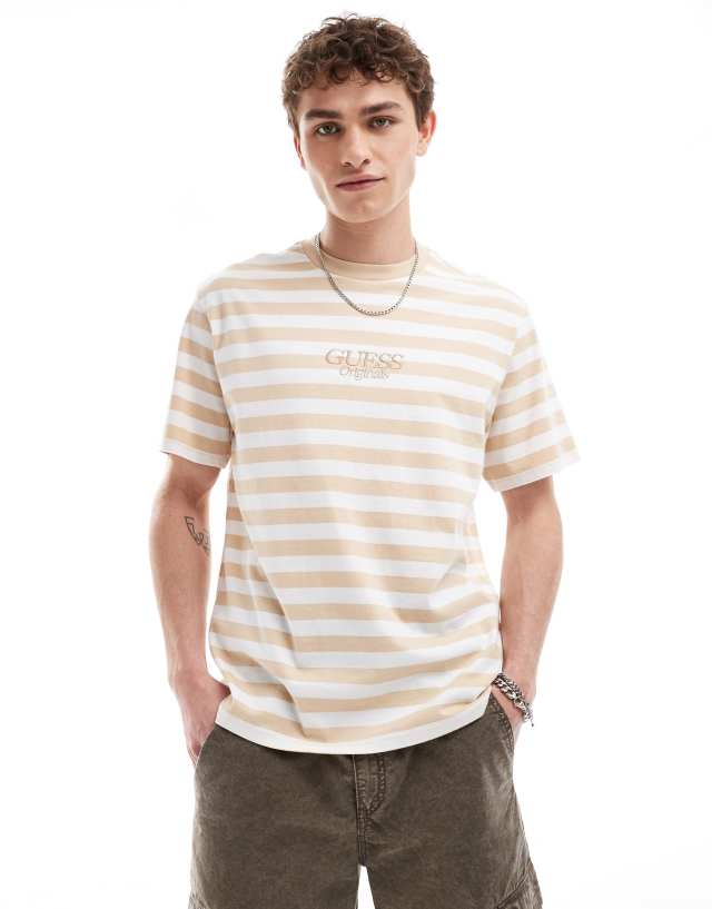 GUESS Originals - unisex striped t-shirt in beige and white