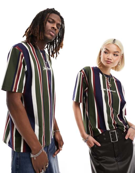 GUESS Originals - Unisex - T-shirt med lodrette striber i marineblå og grøn