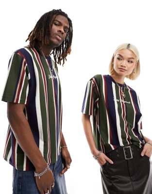 Guess Originals unisex vertical stripe tee in navy & green