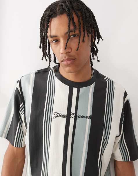 Guess Originals vertical stripes t-shirt in black light blue and white - view 1
