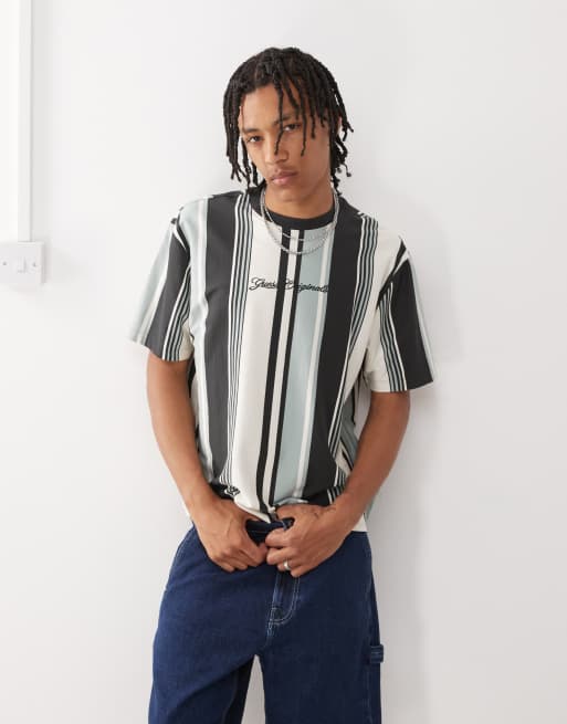 Guess Originals vertical stripes t-shirt in black light blue and white, 4 of 4