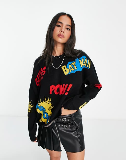 GUESS Originals x Batman - Strikket sweater med tekstprint i sort 