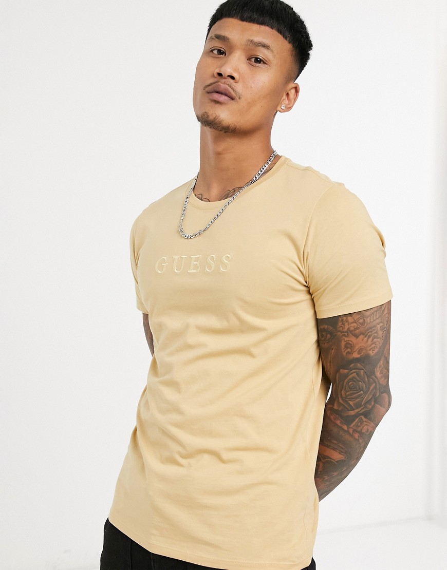 Guess pima embroidered tonal logo t-shirt in yellow