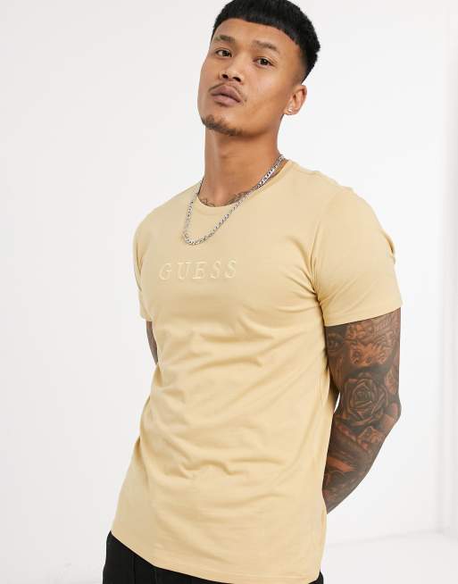 Guess pima embroidered tonal logo T shirt in yellow ASOS