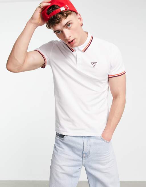 sovjetisk instinkt Majroe Guess polo shirt in white with tipping and small chest logo | ASOS