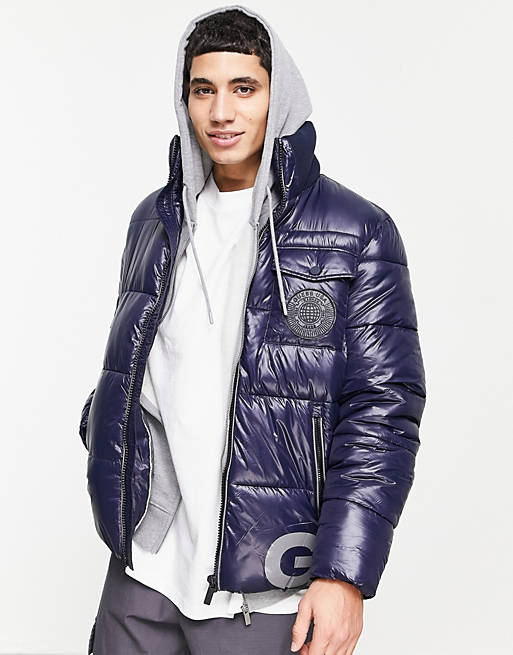 Guess puffer jacket in navy with large logo | ASOS