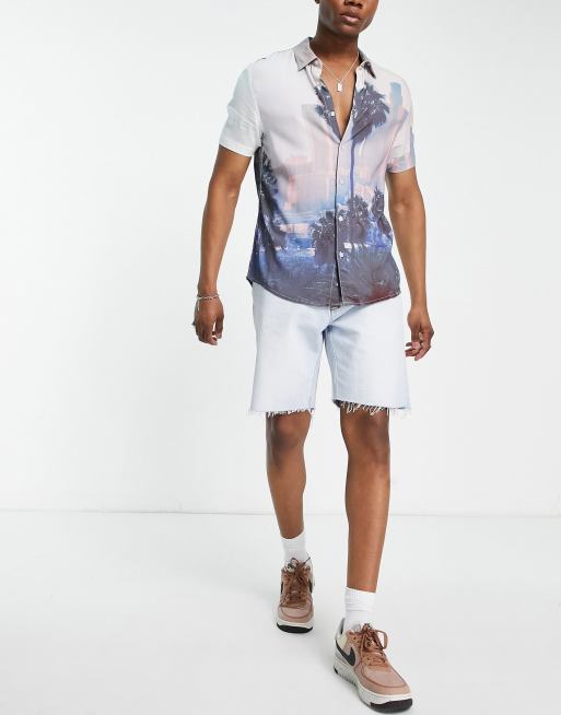 Multi Palm Print Rayon Short Sleeve Shirt