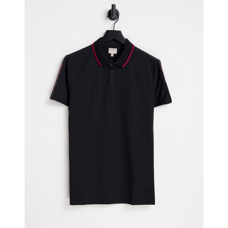 Guess slim fit polo shirt in black with taping logo ASOS