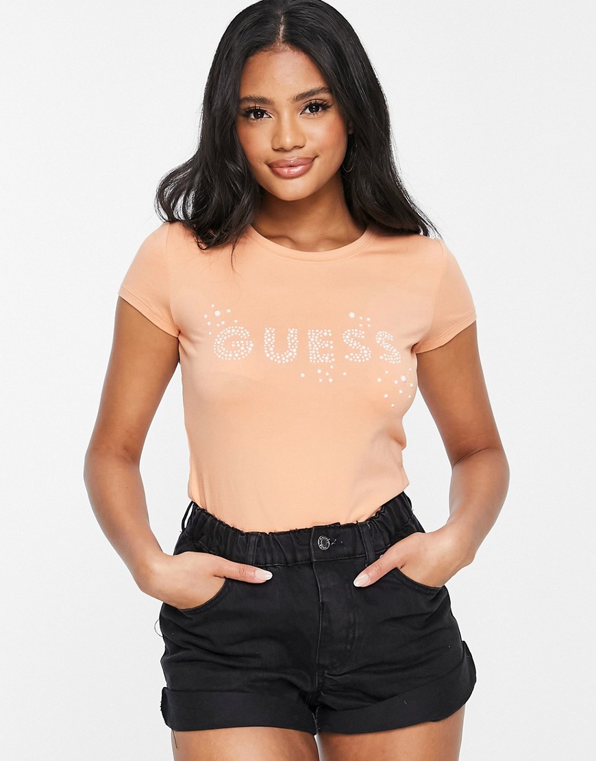 Guess standard t-shirt with embellished logo in peach-Orange