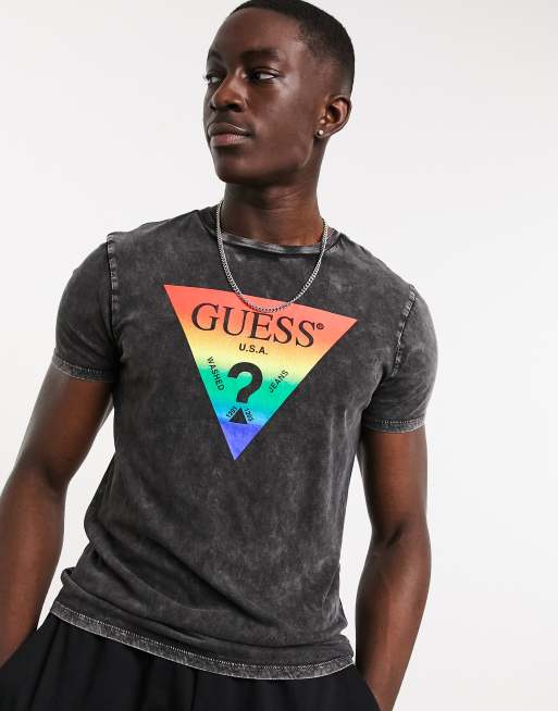 Guess t shirt in black with gradient pride logo