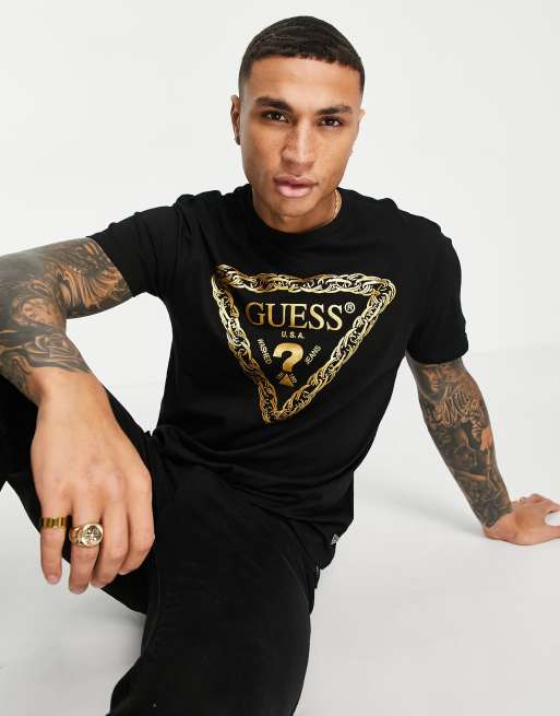 String string Mooie vrouw niezen Guess t-shirt with gold chest logo in black | ASOS