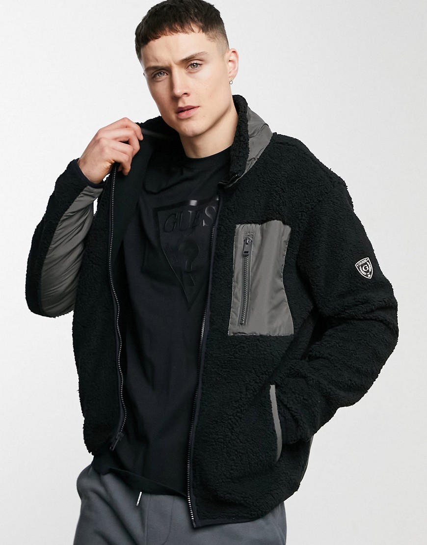 Guess zip thru sherpa fleece in black with side logo