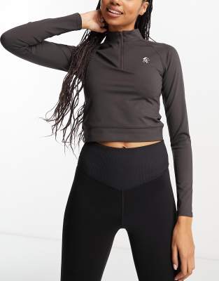 Gym King 365 1/4 zip crop long sleeve top in brown