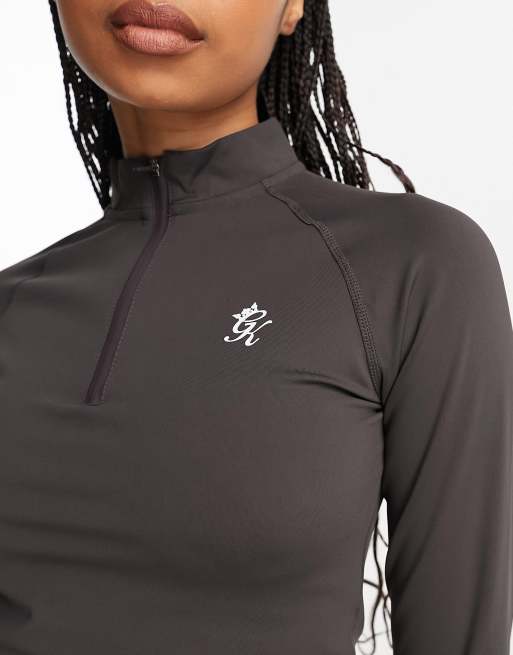Gym King 365 1/4 zip crop long sleeve top in brown, 2 of 4