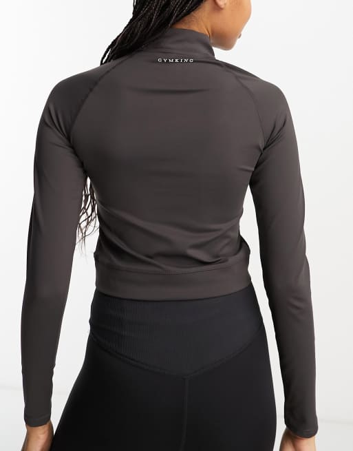Gym King 365 1/4 zip crop long sleeve top in brown, 3 of 4