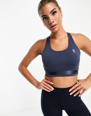 Gym King Flare medium support sports bra with contrast straps in navy and orange