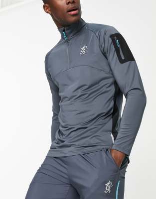 Gym King Flex 1/4 zip long sleeve top with sleeve pocket in dark grey