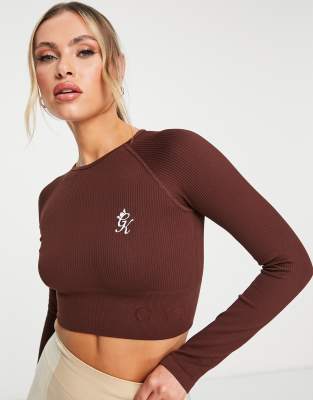 Gym King Formation long sleeve rib crop top in chocolate - ASOS Price Checker
