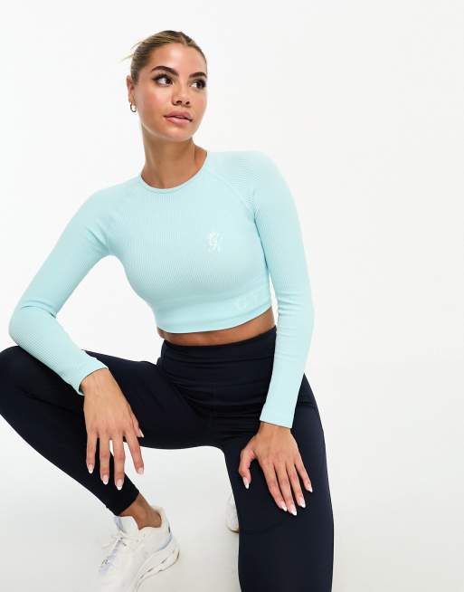 Gym King - Formation - Lyseblå sømløs ribstrikket langærmet croptop