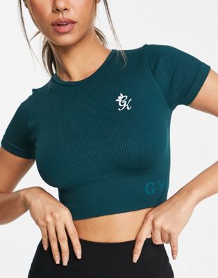 Gym King Formation Ribbed short sleeve crop top in green
