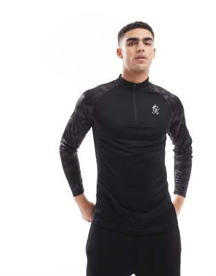 Gym King Inception printed long sleeve half zip top in black